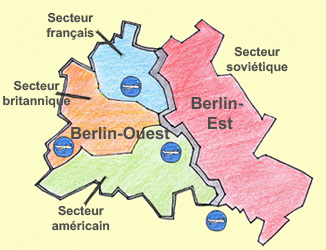 Alliés à Berlin : Ce sont les quatre puissances victorieuses – les États-Unis, la Grande-Bretagne, la France dans la partie ouest de la ville et l'Union soviétique dans la partie est – qui partagent la ville en quatre secteurs.