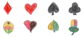 Le trèfle, le vert le pique, le rouge le cœur et les clochettes le carreau