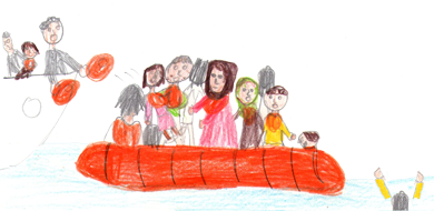 Uchodźcy w pontonie na morzu