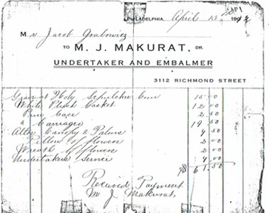 Die Quittung mit den Bestattungskosten ihres Töchterleins datiert vom 13 April 1912 in Philadelphia. Quittung
