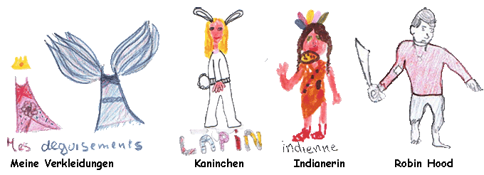 erkleidungen als Kaninchen, Indianerin, RObin Hood - Fasching feiern in Frankreich und Deutschland
