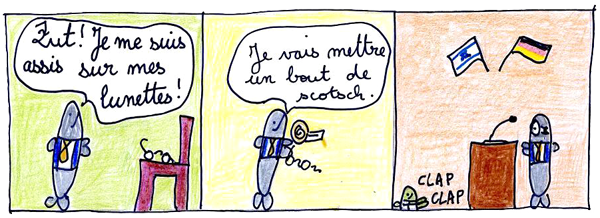 Unmittelbar vor meiner Rede ist mir die Brille zerbrochen: Bild 1 Comicstrip: “Mist! Ich habe mich auf meine Brille gesetzt!“ - Bild 2: “Ich werde sie mit Tesafilm kleben!“ - Bild 3: Klapp! Klapp! - Interview Frank-Walter Steinmeier Comic mit Brille